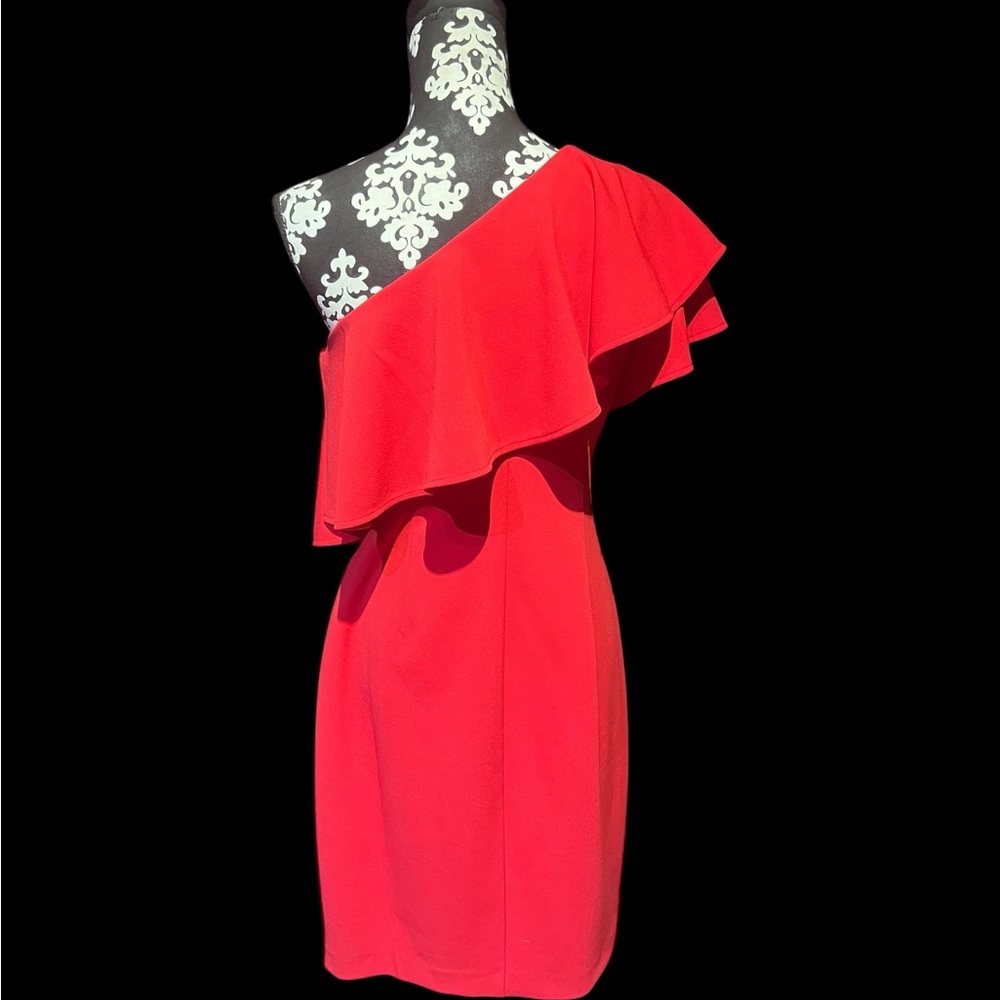 Vince Camuto Red One Shoulder Ruffle Sheath Dress Red Wedding Stretch Sz 10 - Picture 3 of 3